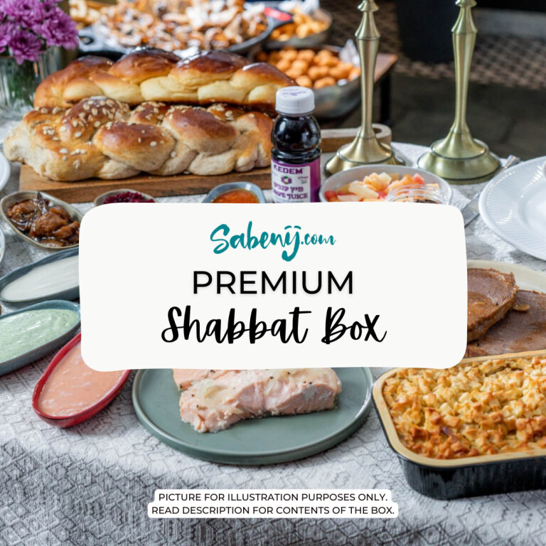Sabeny Premium Kosher Shabbat Box for Two — complete kosher Friday night and Shabbat lunch with food and disposable tableware, delivered across the UK